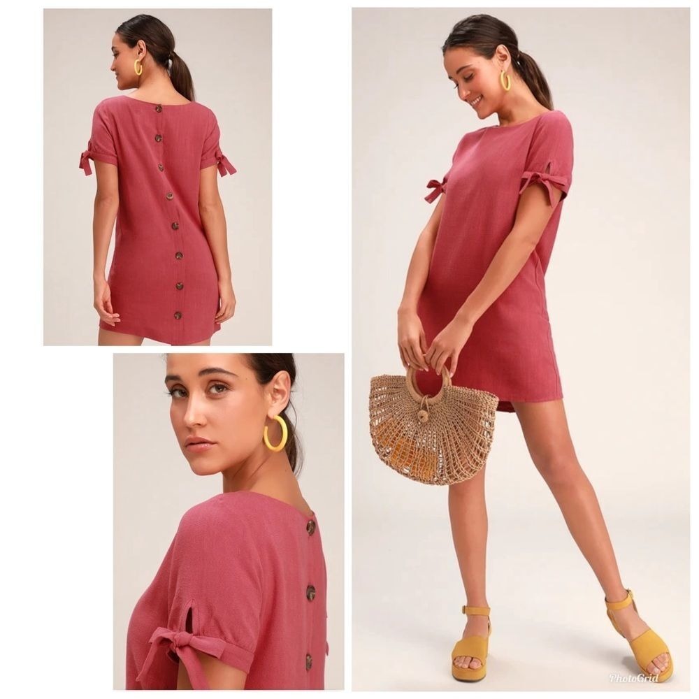 Lulus Maeve  Linen Blend Terra‎ Cotta Button Back Sleeve Shift Dress Size S